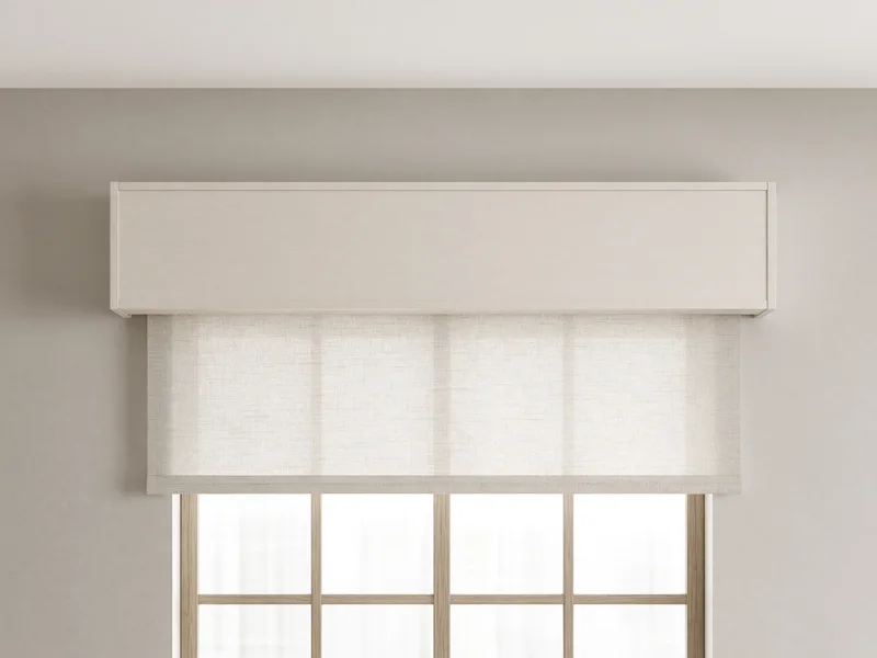 Illustration: a painted cornice box running across the head of a window above a light roller shade.