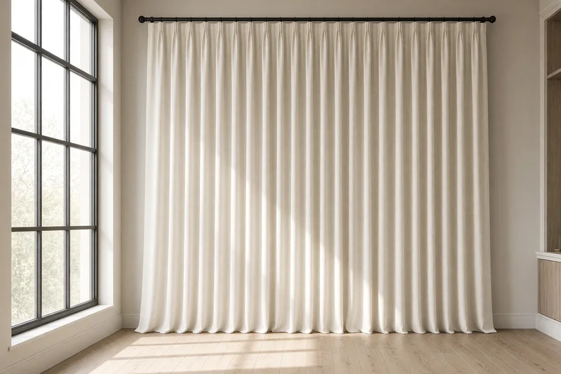Illustration: a floor-length drapery panel hanging in an even wave beside a tall black-framed window.