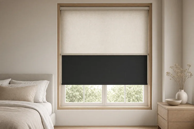 Illustration: a bedroom window with a pale front shade and a dark blackout roll lowered behind it.
