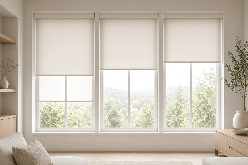 Illustration: three tall windows carrying cordless roller shades set at three different heights.