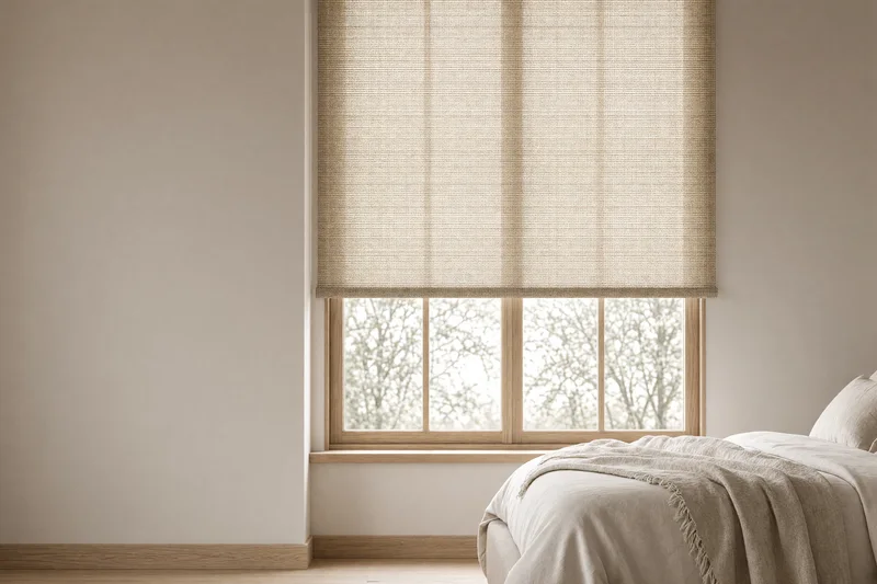 Illustration: a woven textured roller shade half-drawn over a bedroom window in soft daylight.